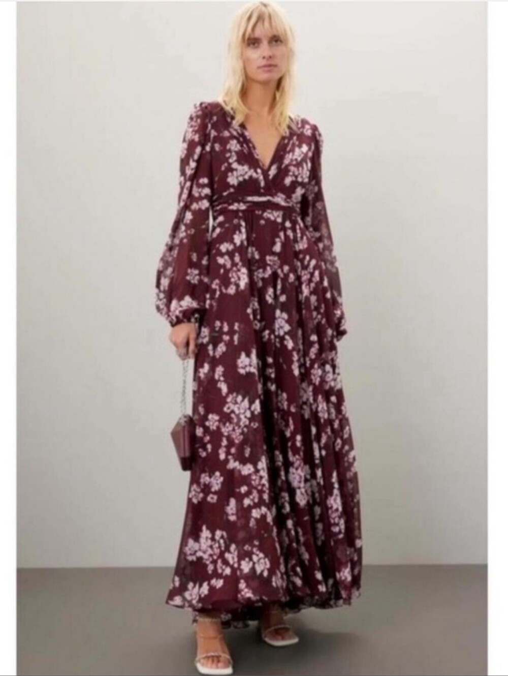 Mac Duggal Leena Burgundy Floral V-Neck Maxi Dress Size 4
